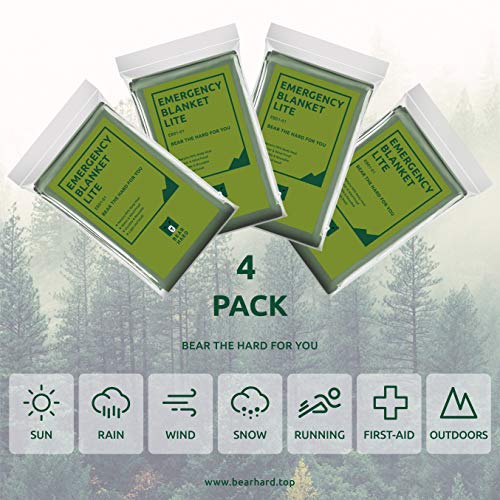 Bearhard Emergency Blanket Mylar Space Blankets 4-Pack for Camping Hiking or Outdoor Rescue Foil Thermal Survival Blankets Green