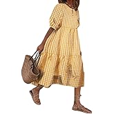 chouyatou Women's Retro Lantern Puff Sleeve Plaid Dress Gingham Swing Tiered Midi Long Dress