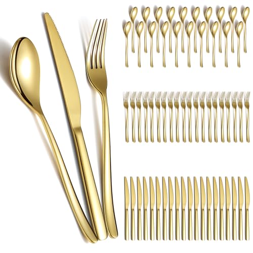 Berglander 60pcs gold wedding cutlery set for 20, titanium plated stainless steel flatware, gold spoon fork knives for home, wedding, restaurant