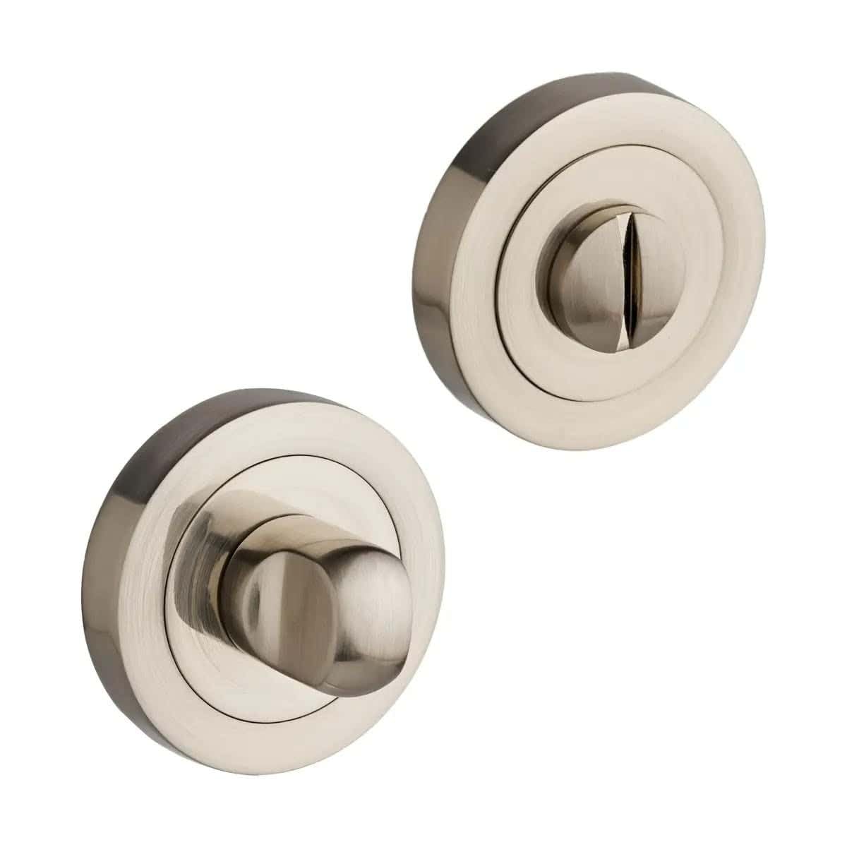 Designer Levers - Bathroom Toilet WC Door -Thumbturn Twist & Release Lock - Brushed Nickel - Screw On Rose - Set