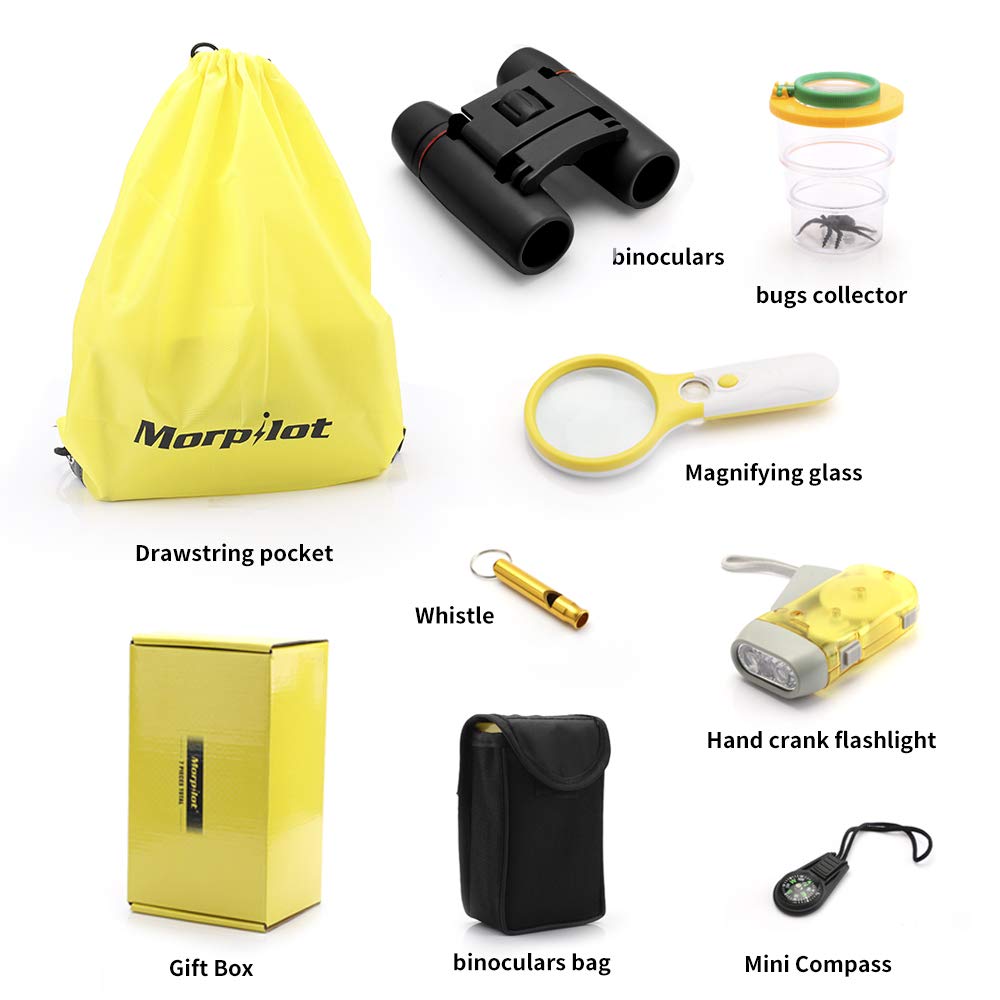 morpilot Kit Adventure Binocolo per Bambini Ottica Antiurto, Torcia a Manovella, Bussola, Lente d\'Ingrandimento, Scatola dell\'insetto, Fischietto e Zaino con Coulisse, Vicino alla Natura