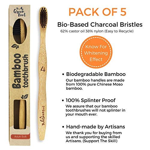 Natural Bamboo Charcoal Toothbrush For Adults W/BPA Free Nylon Bristles, Individually Numbered Pack of 4, Organic & Compostable toothbrushes, Plastic Free Packaging