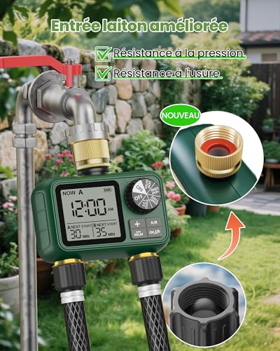2 Way Water Timer with Brass Input and Outlet, Large LCD Display, Automatic Watering for Garden, Programmable Irrigation, Simple Use, Rain Delay Manual Watering