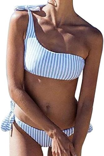 Women Bikini Set Daoroka Ladies Sexy Fashion 2 Piece One Shoulder Push-Up Padded Stripe Bra Side-Tie Low Waist Casual Swimsuit Swimwear New Skinny Simple Beachwear Hot Spring Bathing Suit (M, Blue)