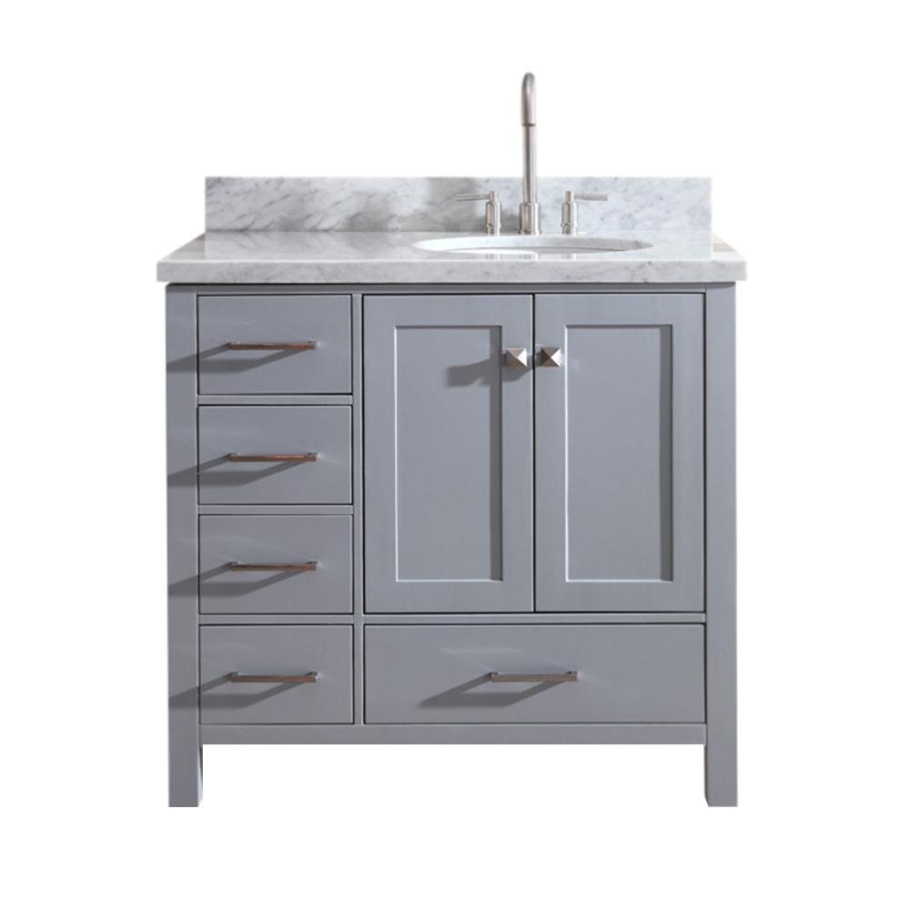 Dkb Beckford Series 37 Inch Bathroom Vanity Cabinet In Grey Single Right Offset Oval Sink Carrara White Marble Countertop 2 Soft Closing Doors 5 Full Extension Dovetail Drawers