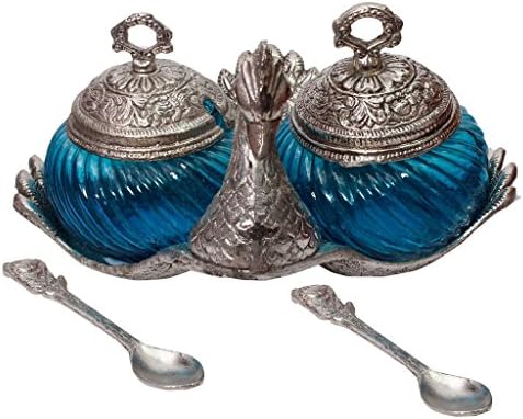 Priglobal PVT LTD | Home decor | Home Decorative Items in Living Room, Bedroom | Stylish Duck shape turquoise glass Double serving bowl with lid and spoon 161