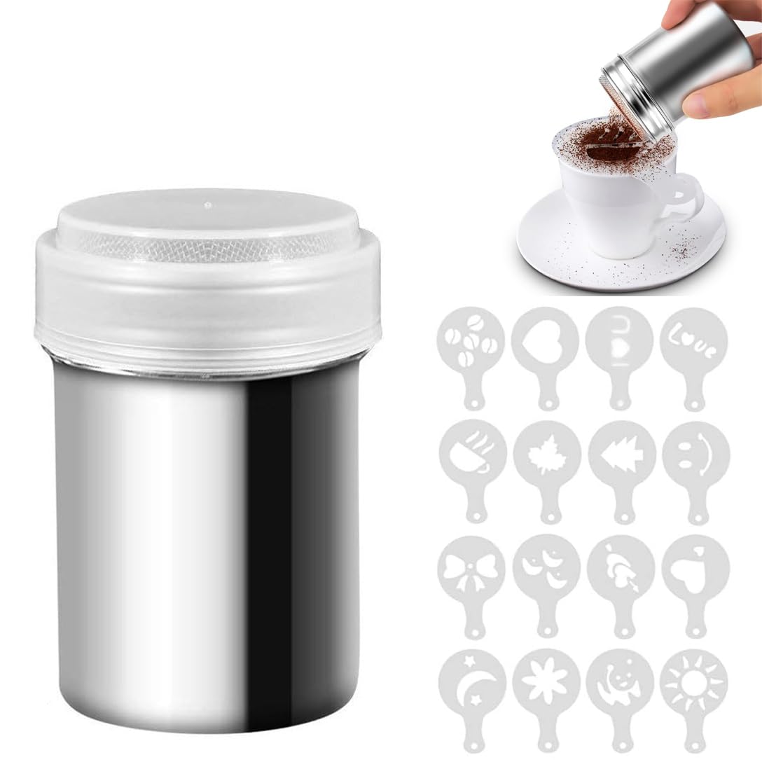 SoftcuteLee Flour Shakers, Stainless Steel Container Sifter, Chocolate Powder Shaker with 16 Coffee Molds Stencils for Kitchen Cappuccino DIY Sugar Cocoa Flour Latte Coffee