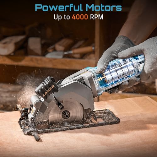 Seesii Mini Circular Saw with Laser Guide, 4.8A 4000RPM Compact Corded Circular Saw, 3 Pcs 4-1/2" Blades for Wood, Soft Metal, Tile, Plastic, 0-45° Bevel, Max Depth 1-11/16" at 90° and 1-1/8"at 45°