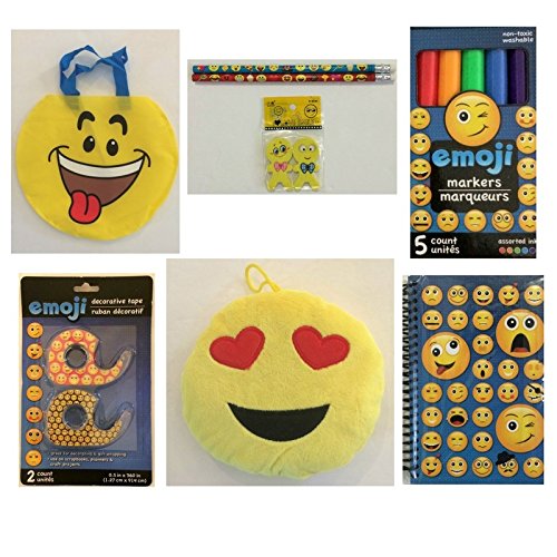 Emoji Emoticon Back to School Bundle - Markers, Plush, Journal, Two Pencils, Decorative Tape, 2 Erasers, Tote Bag