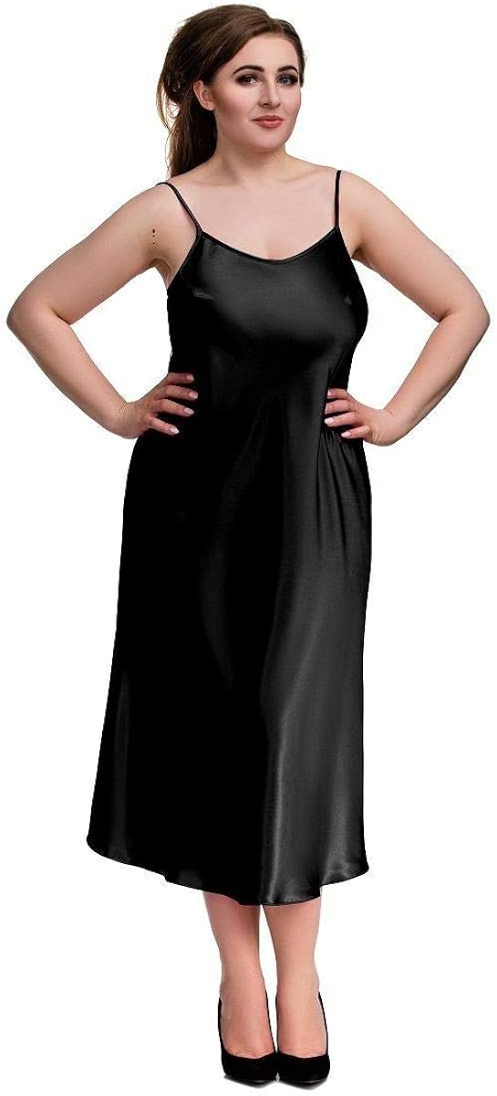 BBBridal Sexy Ladies Black Long Plain Satin Slip Negligee Chemise