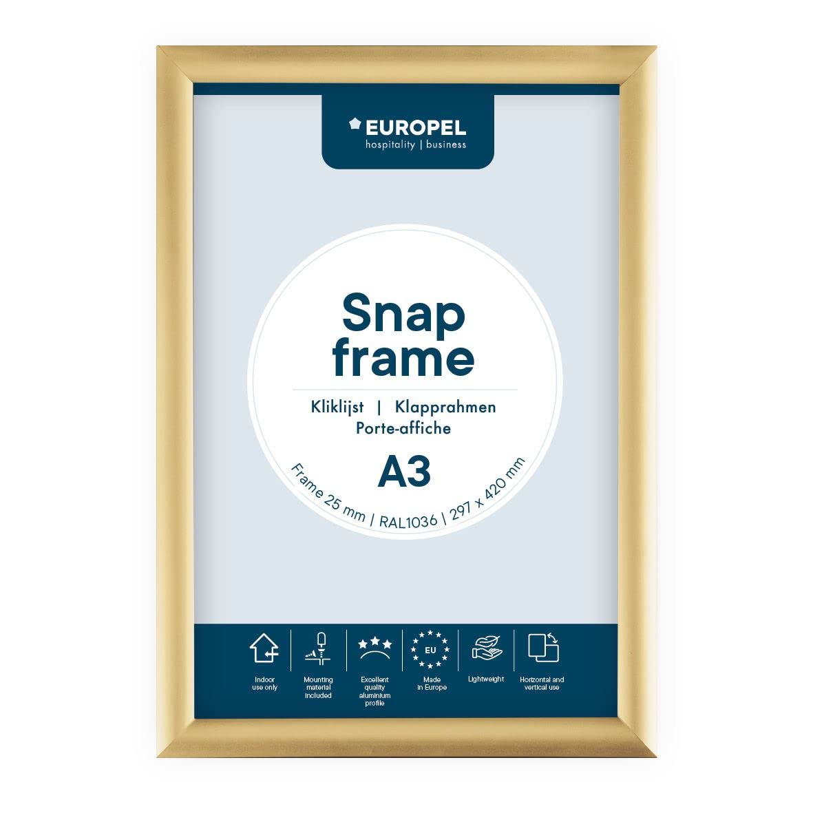 EUROPEL lightweight Snap frame A3, Profile 25x11 mm, Color gold, Anodized aluminum, anti-reflective protector, External dimensions 328x451 mm, Grey polystyrene back