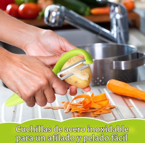 4 Piezas Pelador, Pelador Giratorio de Verduras de Acero Inoxidable, Cuchillo para Frutas con Mango Antideslizante para Patatas, Manzanas, Zanahorias y Pepinos — foto 6 de 7