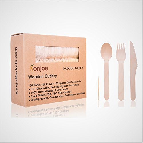 Wooden Cutlery, Utensil Set & Bamboo Toothpicks - 600 pcs | 100 Forks, 100 Spoons, 100 Knives & 300-Toothpicks |100% Natural Utensils| Great gift -Parties, Camping & Weddings than Plastic