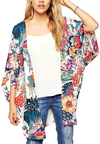 BOSSAND Women's Sheer Chiffon Blouse Loose Tops Kimono Floral Print Cardigan Cover Ups