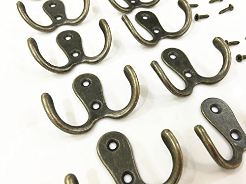 20 Pieces Double Prong Robe Hook Rustic Hooks Retro Cloth Hanger with 40 Pieces Screws, Bronze Color