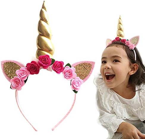 Pengduo Girls Unicorn Horn Headband Costume Party Headwear Accessory Party Favors (Gold Unicorn Horn)