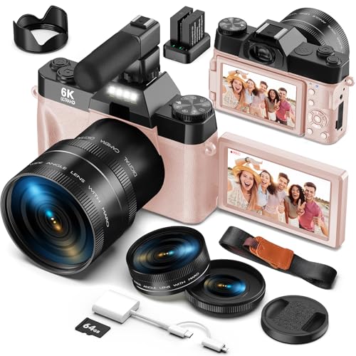Yatao Digital Cameras for Photography and Vlogging, 6K 64MP Flip Screen, Dual Lens, Microphone for Video, 64GB TF Card, Compact Photo WiFi Camera for YouTube Kit Travel, Beginners (Pink)