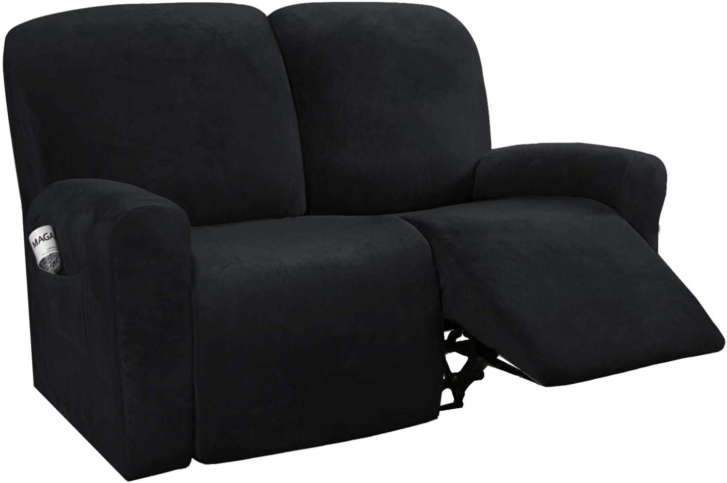 LINFKY 6-Pieces Stretch Velvet Loveseat Recliner Cover Reclining Couch Covers for 2 Seater Couch Furniture Covers for Recliner with Side Pocket, Soft Thick Form Fitted (Black)