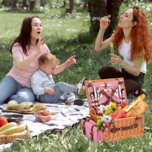 4 Person Picnic Basket, Wicker Picnic Set with Insulated Bag, Waterproof Picnic Blanket and Cutlery Set, Picnic Basket for Camping, Pink