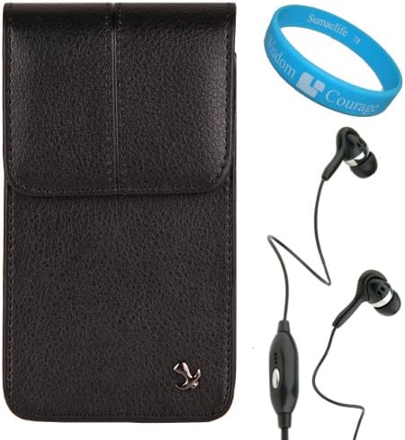 Black Textured Faux Leather Executive Vertical Holster Case w/ Fixed Belt Clip (SAM062) for Samsung Galaxy S III / S3 Android Smartphone + Black 3.5mm Handsfree Hifi Noise Isolating Stereo Headphones with Windscreen Mic + SumacLife TM Wisdom Courage Wristband