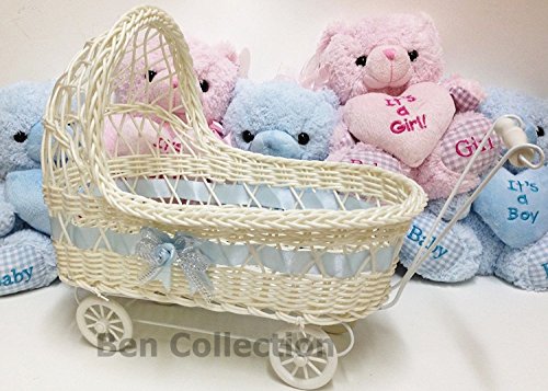 Ben Collection Wicker Baby Girl 11 Inch Carriage - Baby Shower Centerpiece Stroller Party Favors (Blue)