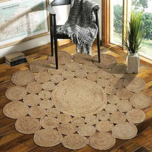 Avgari Creation Circle Design Round Natural Jute Handmade Braided Area Rug Living room, Kitchen, Indoor Outdoor Carpet Rug (60x60 CM (2X2 Square Feet), Beige)