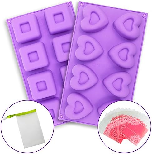 JUSLIN 8-Cavity Square Heart-shaped Silicone Soap Mold Cake Mold for DIY Handmade Soaps, Cakes, etc., with Packaging Bags and Bubble Net