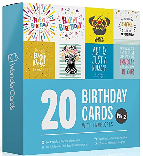 20 Birthday Cards Multipack + Envelopes | Plastic Free Eco Friendly Packs of Greeting Cards Hand-Packed in The UK