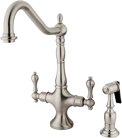 Double Handle Kitchen Faucet With Brass Sprayer Touch On Kitchen