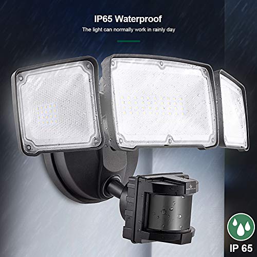 LED Security Lights, 35W Motion Sensor Light Outdoor, GLORIOUS-LITE 3 Head Flood Light with Dusk to Dawn Mode, 5500K-6000K, IP 65 Waterproof, ETL Certified for Garage, Yard, Porch, Entryways - Black