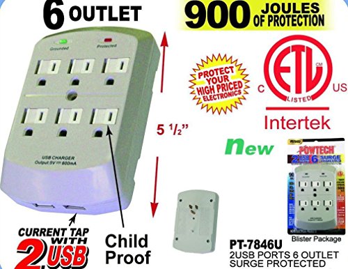 Fashion 6 Outlet Surge Protector Wall Tap w/ 2 USB Ports - 900 Joules