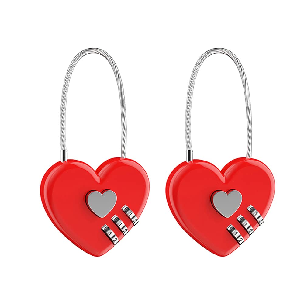 Nifocc 2 PCS Heart Padlock Wire Rope 3-Digit Code Combination Lock Mini Metal Lock Security Lock for Storage Box Jewelry Box Backpacks Cabinet Wardrobe Drawer Suitcase Luggage Travel Bags - Red