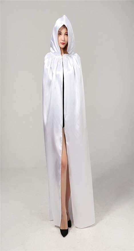 Amazon Co Jp ハロウィンコスチュームブラックフード付きマントスーパーロングサテン布素材大人子供吸血鬼死魔女マント150cm Color 白い Size 150 ホーム キッチン