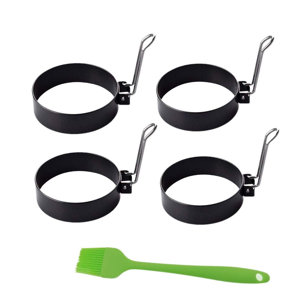 JZK 4 x Non Stick Metal Egg Ring molds with Handle + Silicone Brush, Round Fried Egg Moulds for Frying pan, Poached Egg Muffin Pancake Maker Shaper Tool