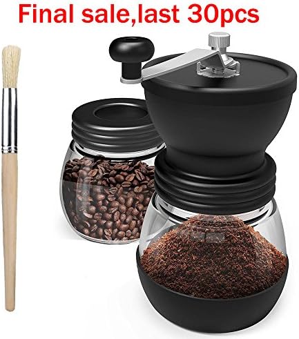 Manual Coffee Mill Grinder with Conical Ceramic Burr, Coffee Grinder Accessories with Two Clear Glass Jars, Stainless Steel Handle and Silicon Cover
