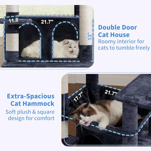 Heybly Tall Cat Tree for Large Cat, 80-inch Multi-Level Cat Tower for Indoor Cats with Large Baseboard, Condo Furniture with 2 Widened Plush Perches,Scratching Board and Big Caves, Smoky Gray HCT038G