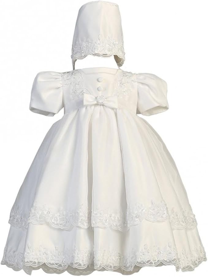 White Satin Christening Baptism Dress with Organza Overlay