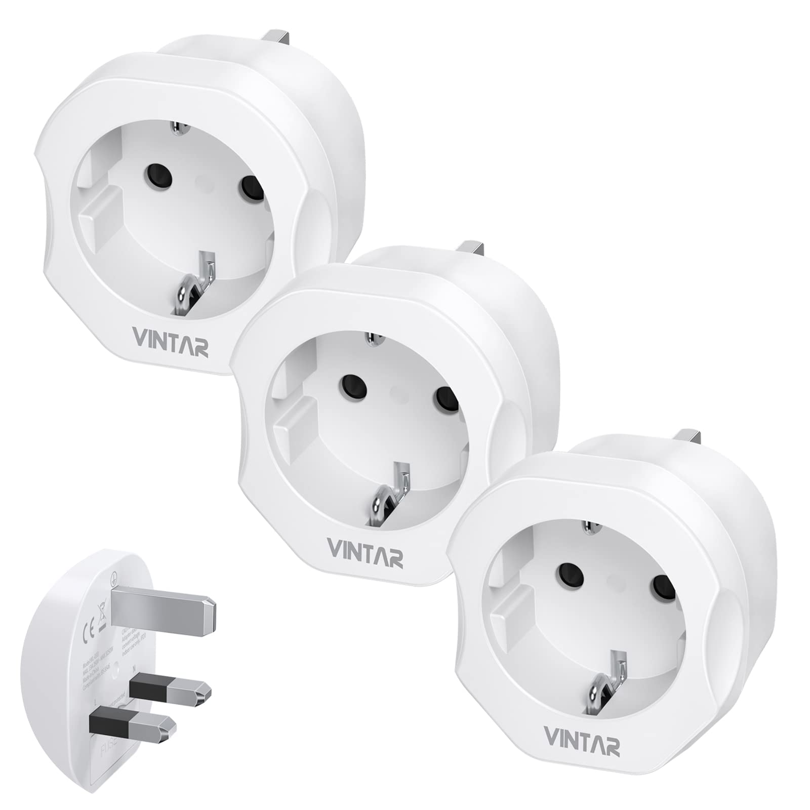 European to UK Plug Adaptor 3 Pack,VINTAR EU to UK Plug Adapter,2 Pin to 3 Pin Adapter Plug UK from France,Spain,Germany to UK,White