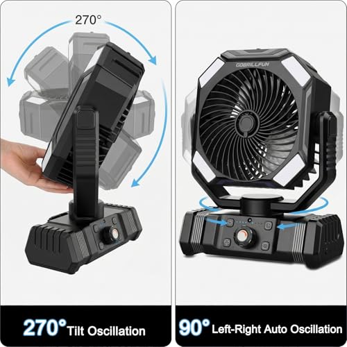 GOBRILLFUN Battery Operated Fan 10000mAh with Mist, Portable Remote Control Fan with 300mL Tank, Oscillating Cooling Fan, 2 Mist Modes, LED Light, Timer, Rechargeable for Camping Patio Beach Office