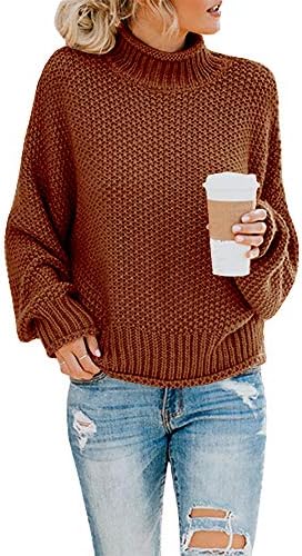 Pommaxe Womens Turtleneck Pullover Sweaters Casual Oversized Batwing Sleeve Chunky Ribbed Jumper Tunic Tops