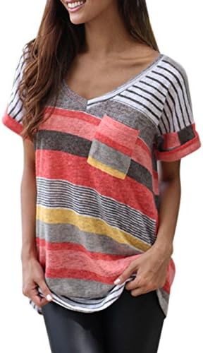 BonneXD Women's T-Shirt V-Neck Loose Striped Breathable Casual Blouse Tank Tops (R-L)