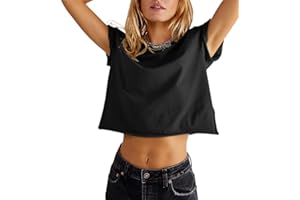Carpetcom Women's Summer Casual Loose Fit Plain Soild Basic Short Sleeve Crop Tops T-Shirts