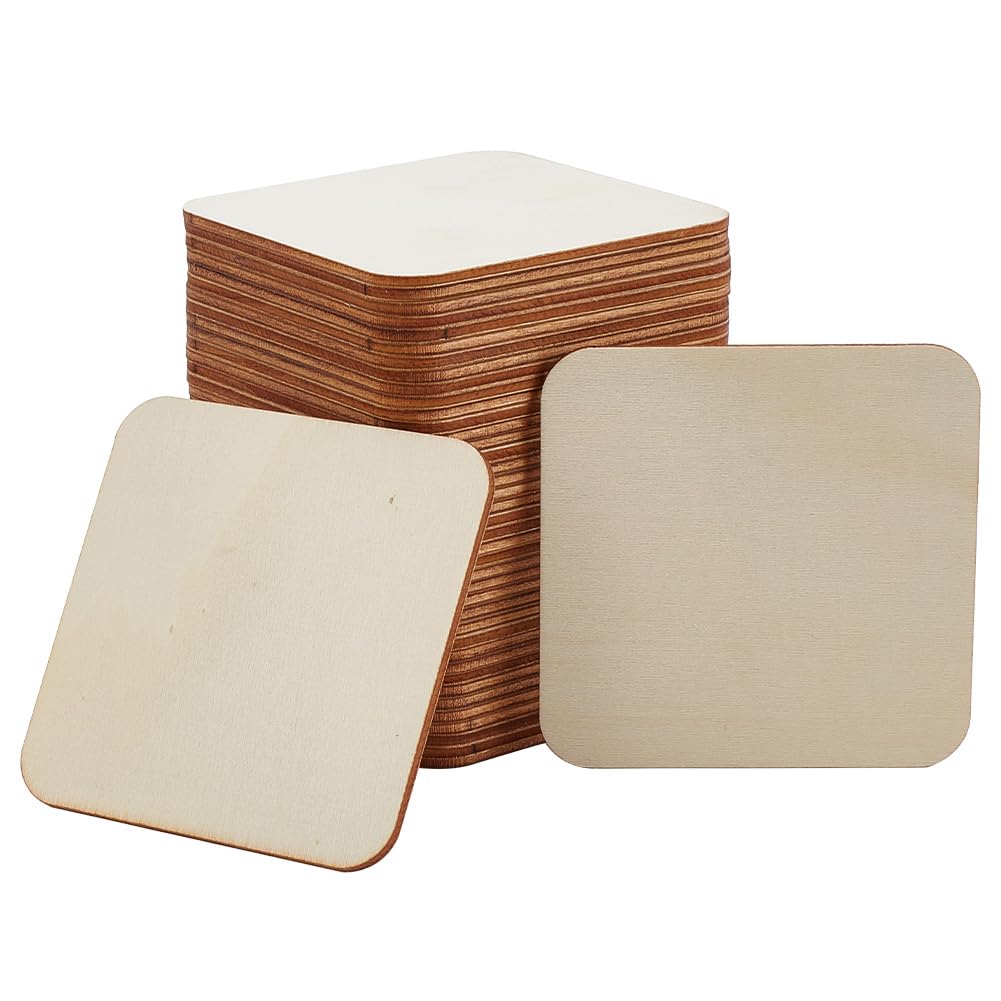 DELORIGIN 40pcs 3 Inch Unfinished Wood Pieces Square Blank Wooden Cutouts Natural Slices Wood Pieces for Crafts Ornaments Project Supplies Home Decoration Painting Writing Engraving Carving Supplies