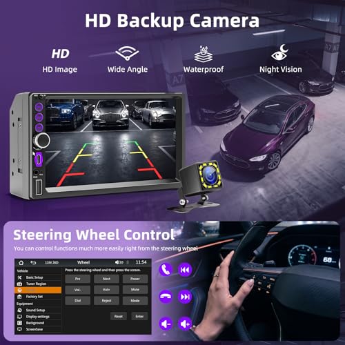 2 DIN Car Radio with CarPlay Wireless and Android Car, 7 Inch Touchscreen Screen, Bluetooth 5.0 Car Radio with Rear Camera, Mirror Link, Type-C, SWC, FM, EQ, GPS Navigation