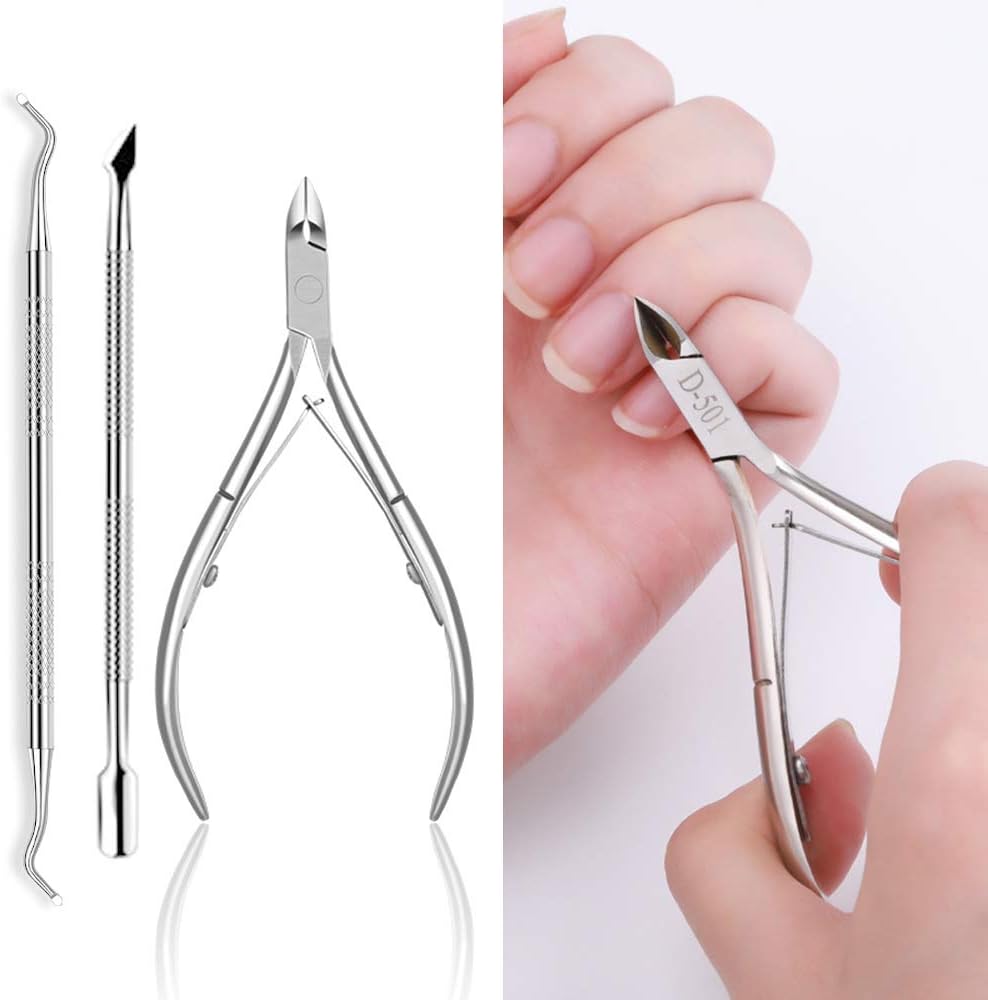 Huture Stainless Steel Cuticle Nippers with Cuticle Clipper Cutter Remover Pedicure Manicure Tool Cuticle Pusher Dead Skin Remover Scissor Plier Durable Pedicure for Fingernails and Toenails Silver