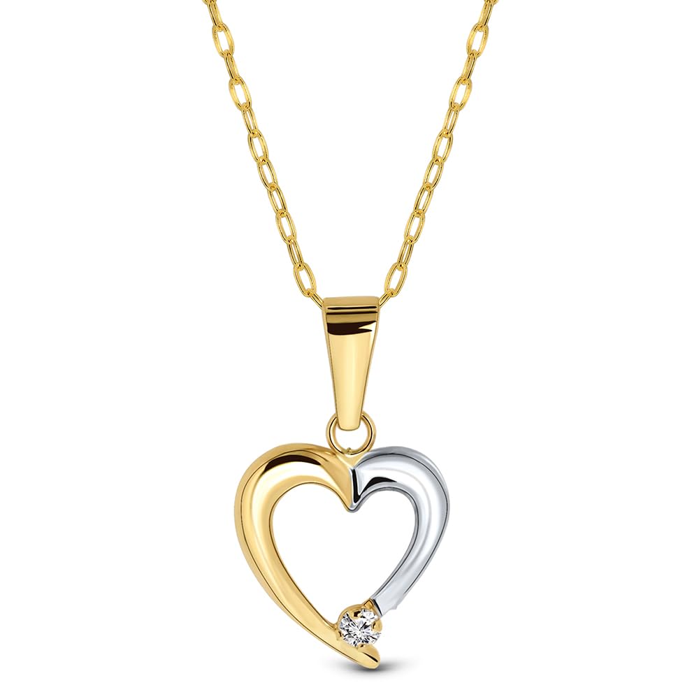 MIORE Heart Necklaces for Women- White Gold and Yellow Gold Heart Pendant in 9 kt 375 gold with Zirconia Crystal With Solid Gold Chain 45 cm Long- Delivered in Jewellery Box
