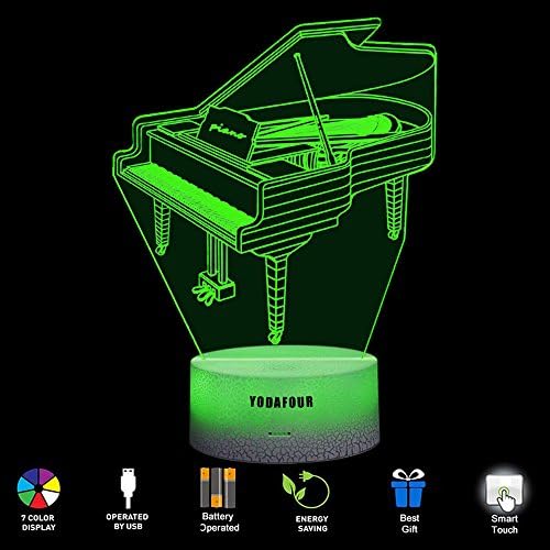 Piano 3D Illusion Night Light Birthday Anniversary Party Gift LED Nursery Bedside Table Desk Night Lamps Lights for Baby Girls Kids Children Music Instruments Lovers Room Theme Decor by YODAFOUR