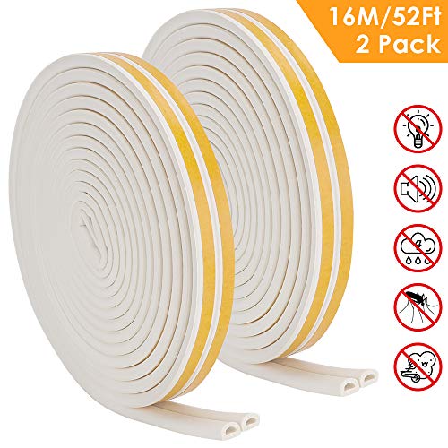 Door Weather Stripping & Draft Stopper Door Sweep Window Seal, QIBOX Indoor Strips Gap Blocker Weatherstrip Insulator Kit, 2-Pack Foam Rubber Strips Seal Soundproof Anti-Collision 52ft(16m)