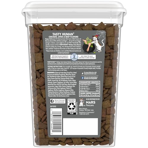 TEMPTATIONS MIXUPS CRUNCHY AND SOFT CAT TREATS TASTY HUMAN CHICKEN, LIVER, BEEF FLAVORS, 16 OZ. TUB