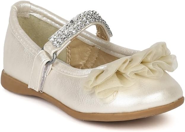 Girl Leatherette Ruffle Rhinestone Velcro Strap Ballerina Flat (Toddler) BC76 - Ivory